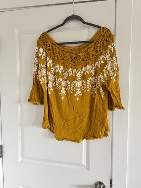 Boho Off-Shoulder Embroidered Women's Top in Mustard